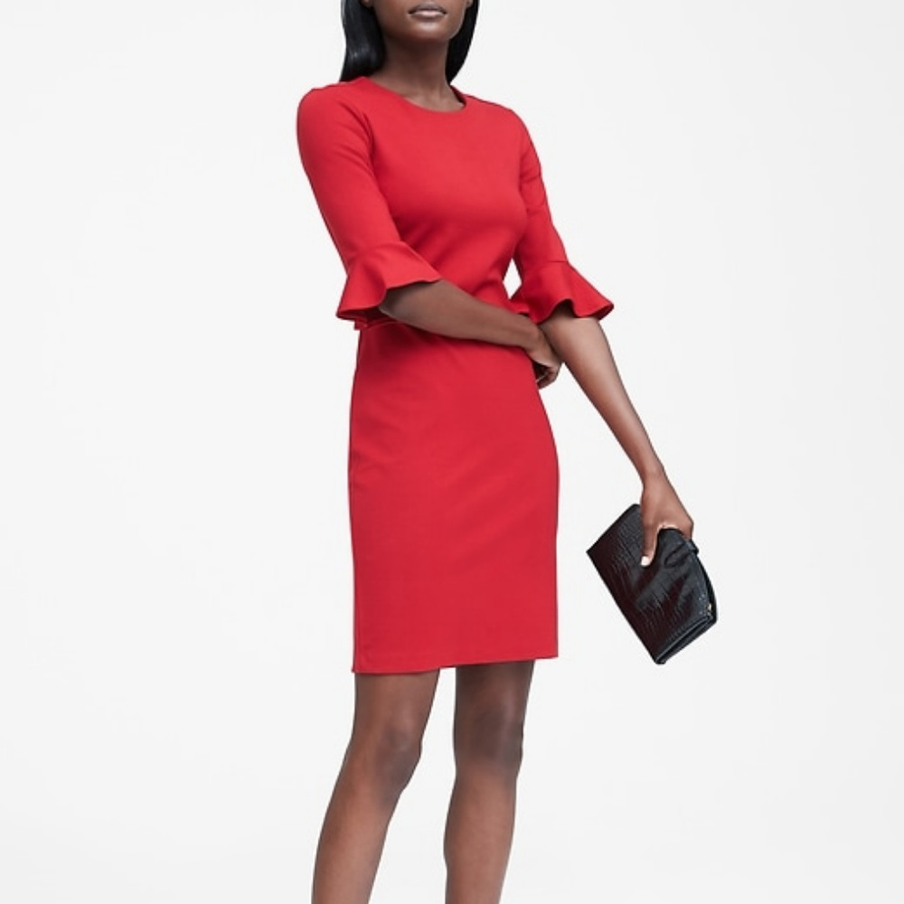 BANANA REPUBLIC Ponte Flutter-Sleeve Dress 10P RED